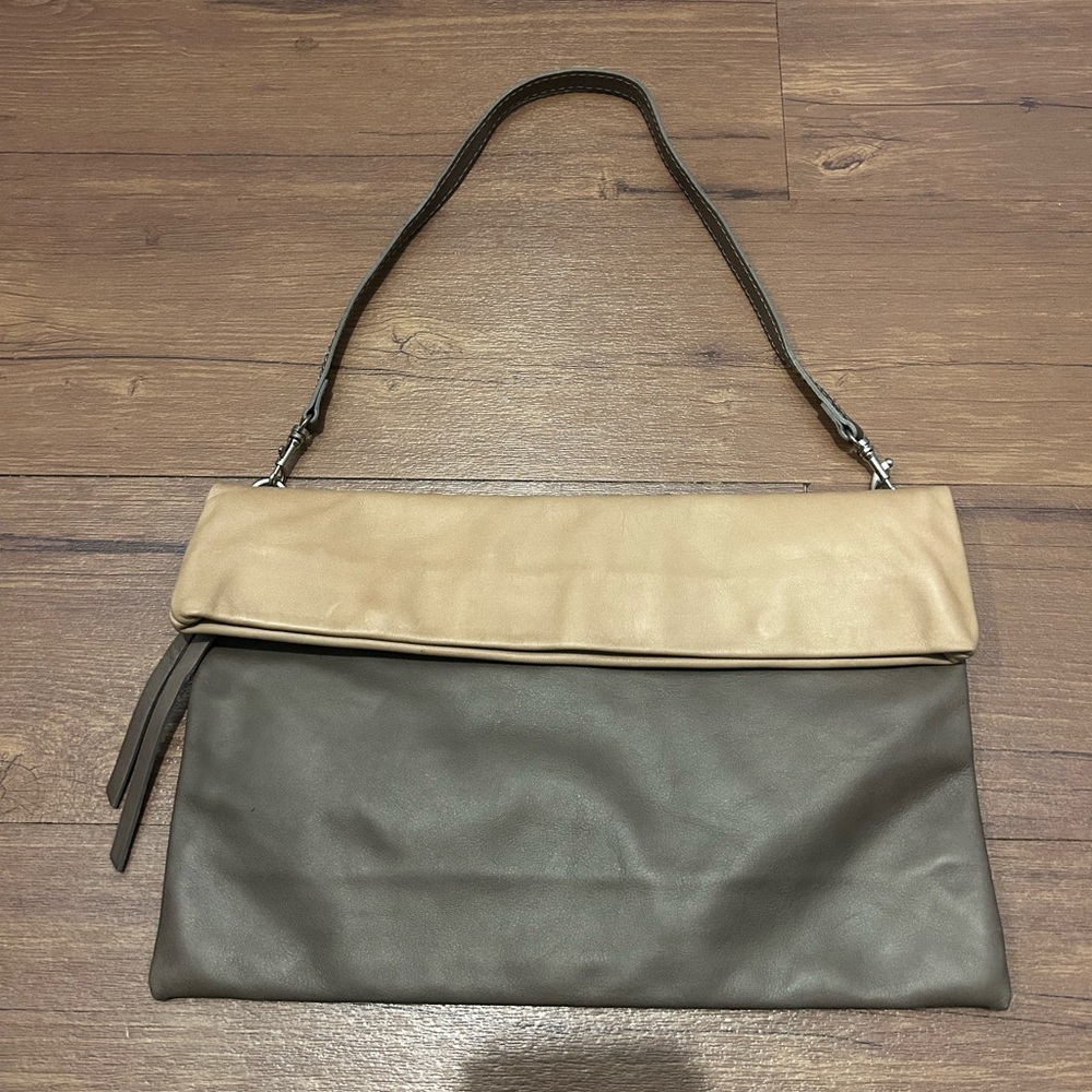 Two-Tone Foldover Shoulder Bag in Taupe and Beige